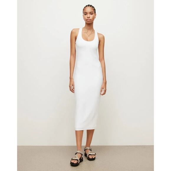 All Saints Maki Midi Dress White Racerback Stretch Bodycon Lined US 6 Scoop Neck - Picture 1 of 7